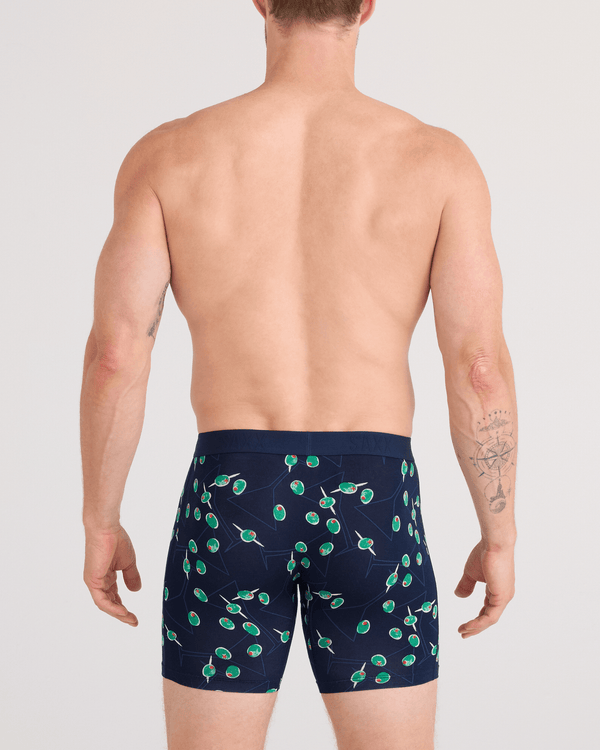 Back - Model wearing  Vibe Xtra Soft Comfort Boxer Brief Fly in Olive You-Maritime