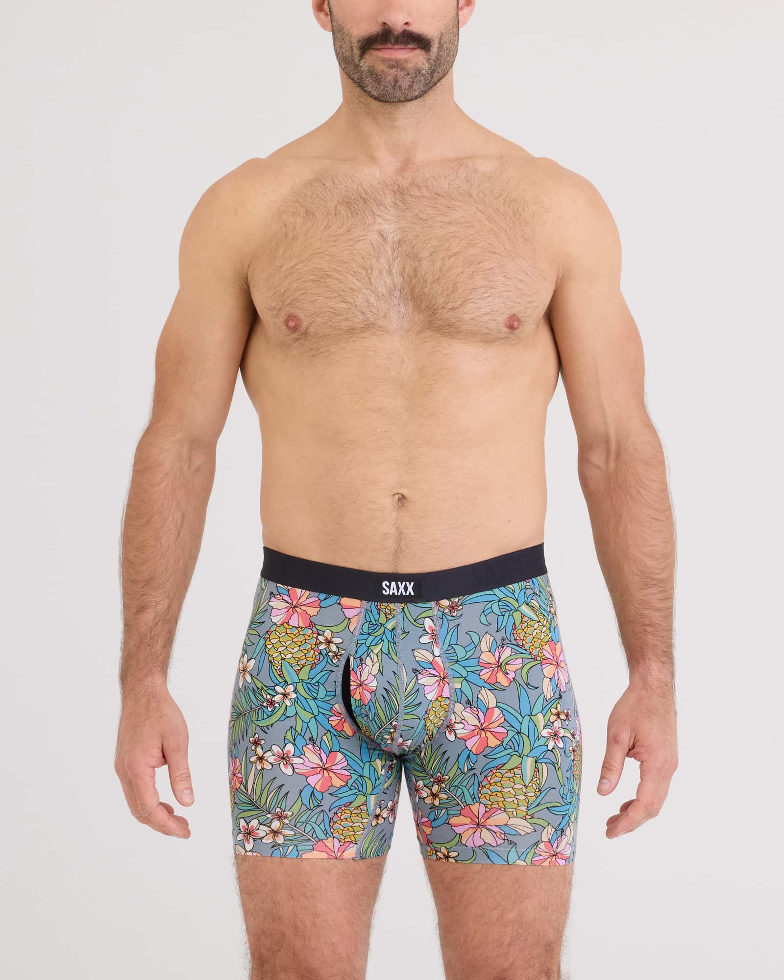 Front  - Model wearing Vibe Xtra Soft Comfort Boxer Brief Fly in Pineapple Field