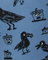 Pattern of black birds and acorns on a blue background