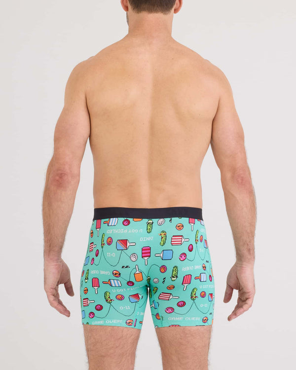 Back - Model wearing Vibe Xtra Boxer Brief Fly in Pixel Ball-Surf Blue