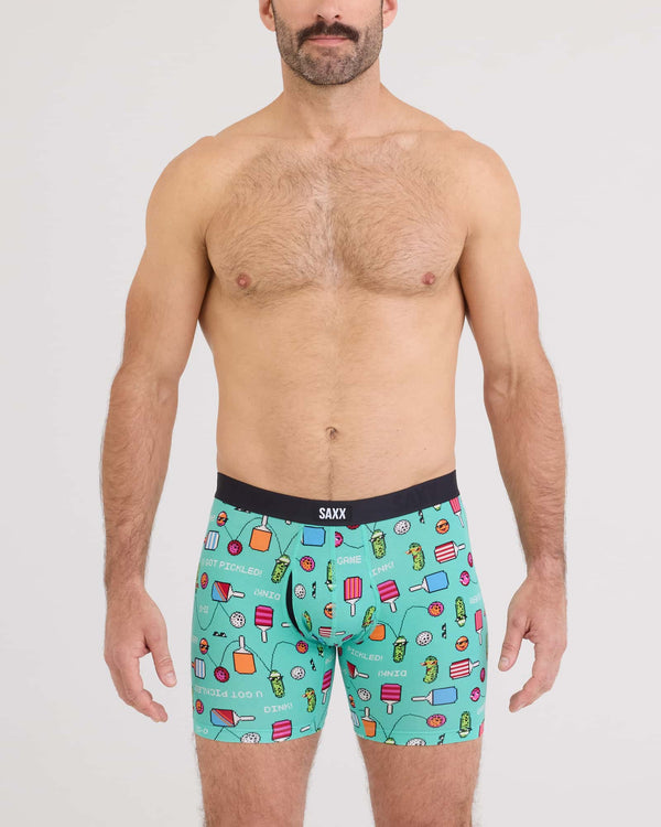 Front - Model wearing Vibe Xtra Boxer Brief Fly in Pixel Ball-Surf Blue