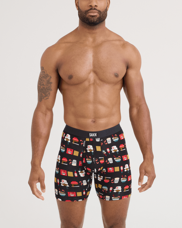 Front - Model wearing Vibe Xtra Soft Comfort Boxer Brief 2 Pack in Quik-E-Noods-Black