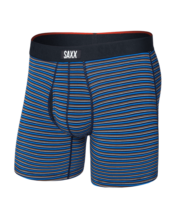 Front of  Vibe Xtra Soft Comfort Boxer Brief Fly 2 Pack in Railroad Stripe/Black