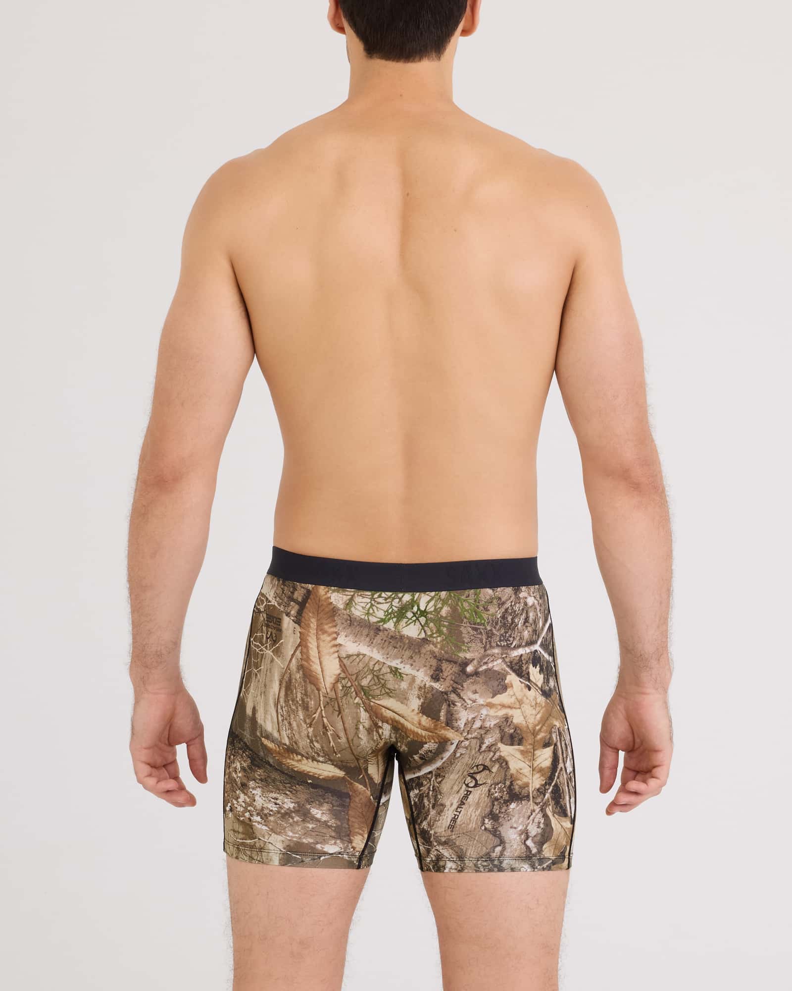 Back - Model wearing Vibe Xtra Soft Comfort Boxer Brief Fly in Realtree Edge-Multi
