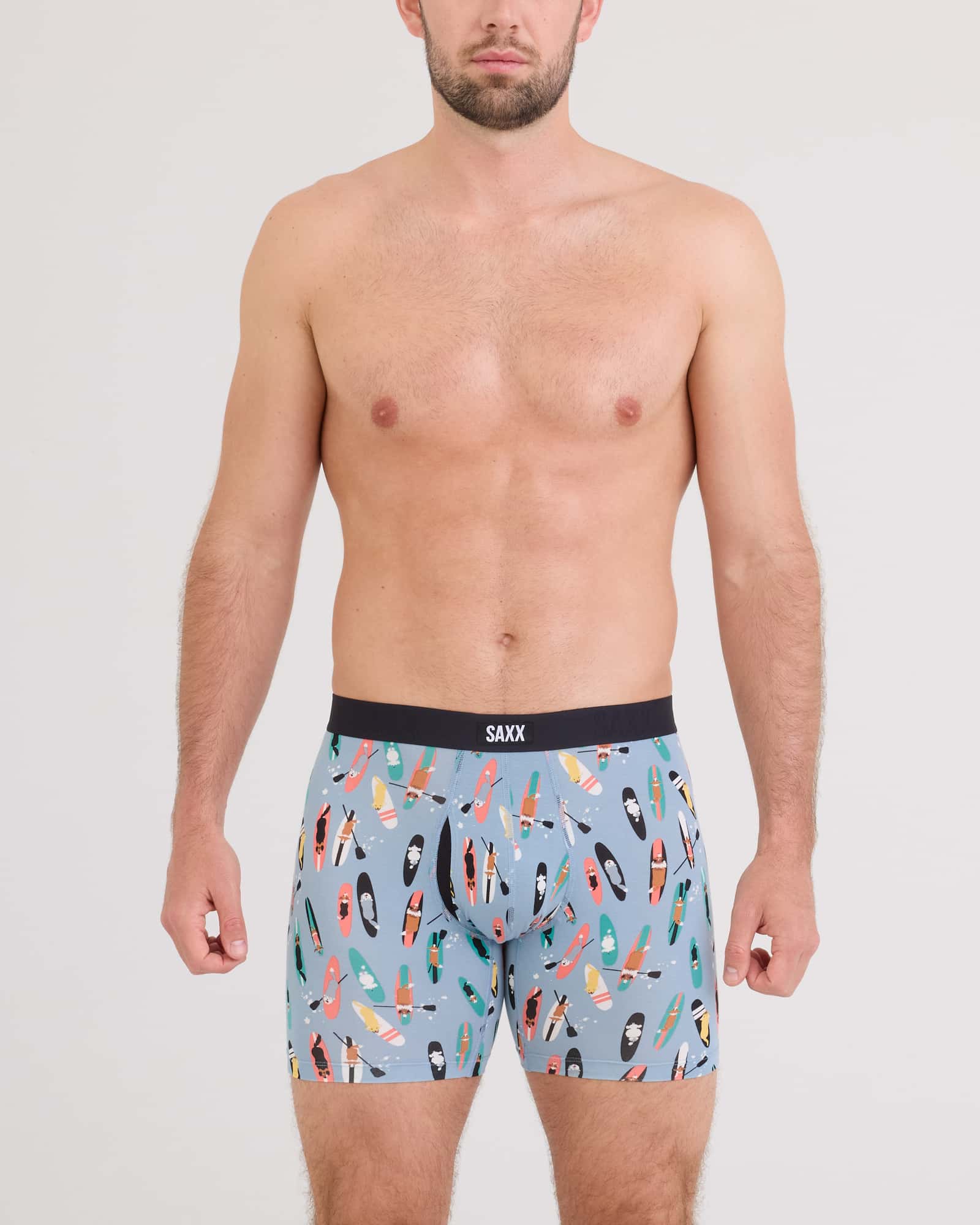 Front - Model wearing Vibe Xtra Boxer Brief Fly in Sup Dogs-Ashley Blue