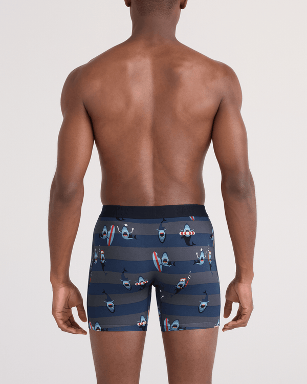 Back - Model wearing  Vibe Xtra Soft Comfort Boxer Brief Fly in Shark Bite-Navy