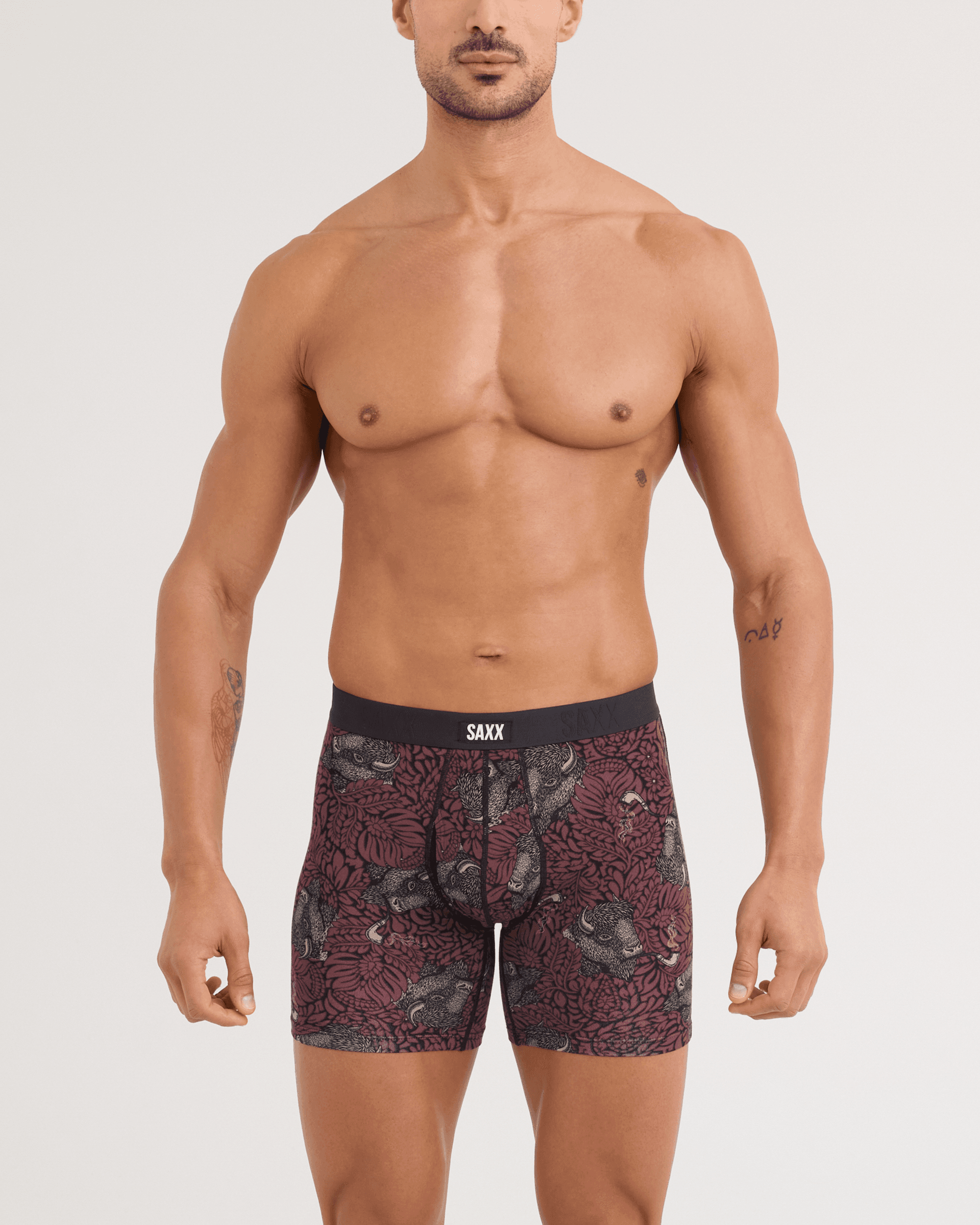 Front - Model wearing Vibe Xtra Soft Comfort Boxer Brief in Smoking Jacket-Huckleberry