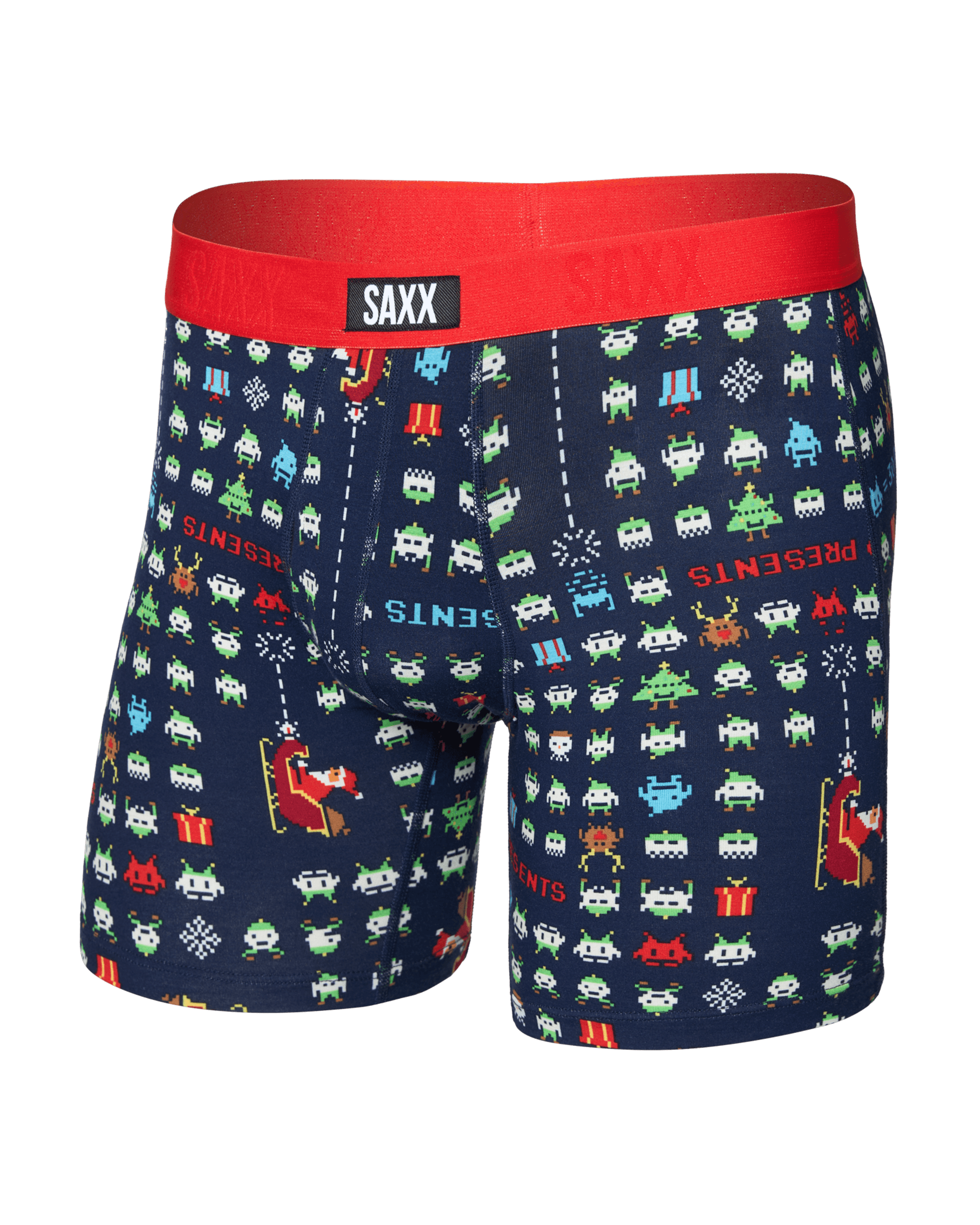 Front of  Vibe Xtra Soft Comfort Boxer Brief Fly in Sleigh Invaders-Maritime