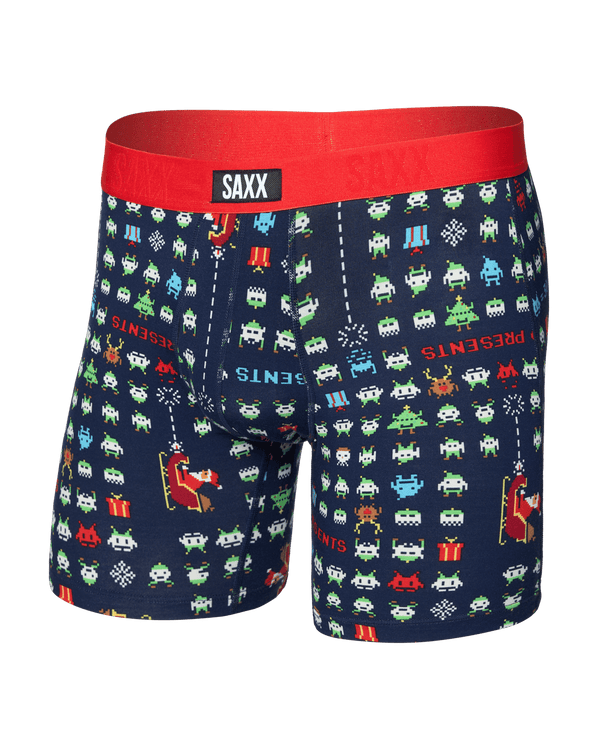 Front of  Vibe Xtra Soft Comfort Boxer Brief Fly in Sleigh Invaders-Maritime