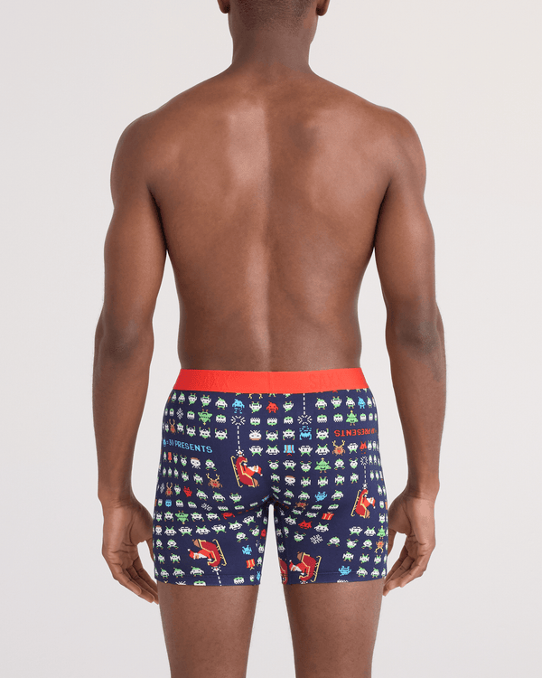 Back - Model wearing  Vibe Xtra Soft Comfort Boxer Brief Fly in Sleigh Invaders-Maritime