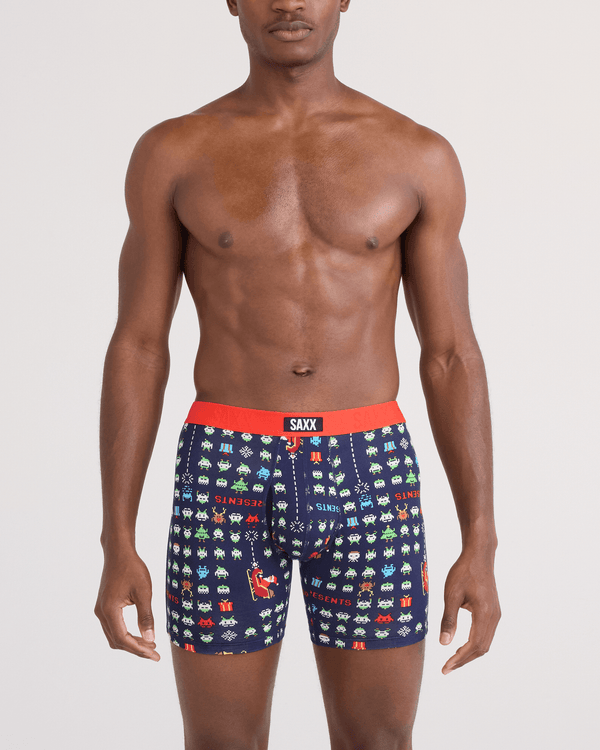Front - Model wearing  Vibe Xtra Soft Comfort Boxer Brief Fly in Sleigh Invaders-Maritime