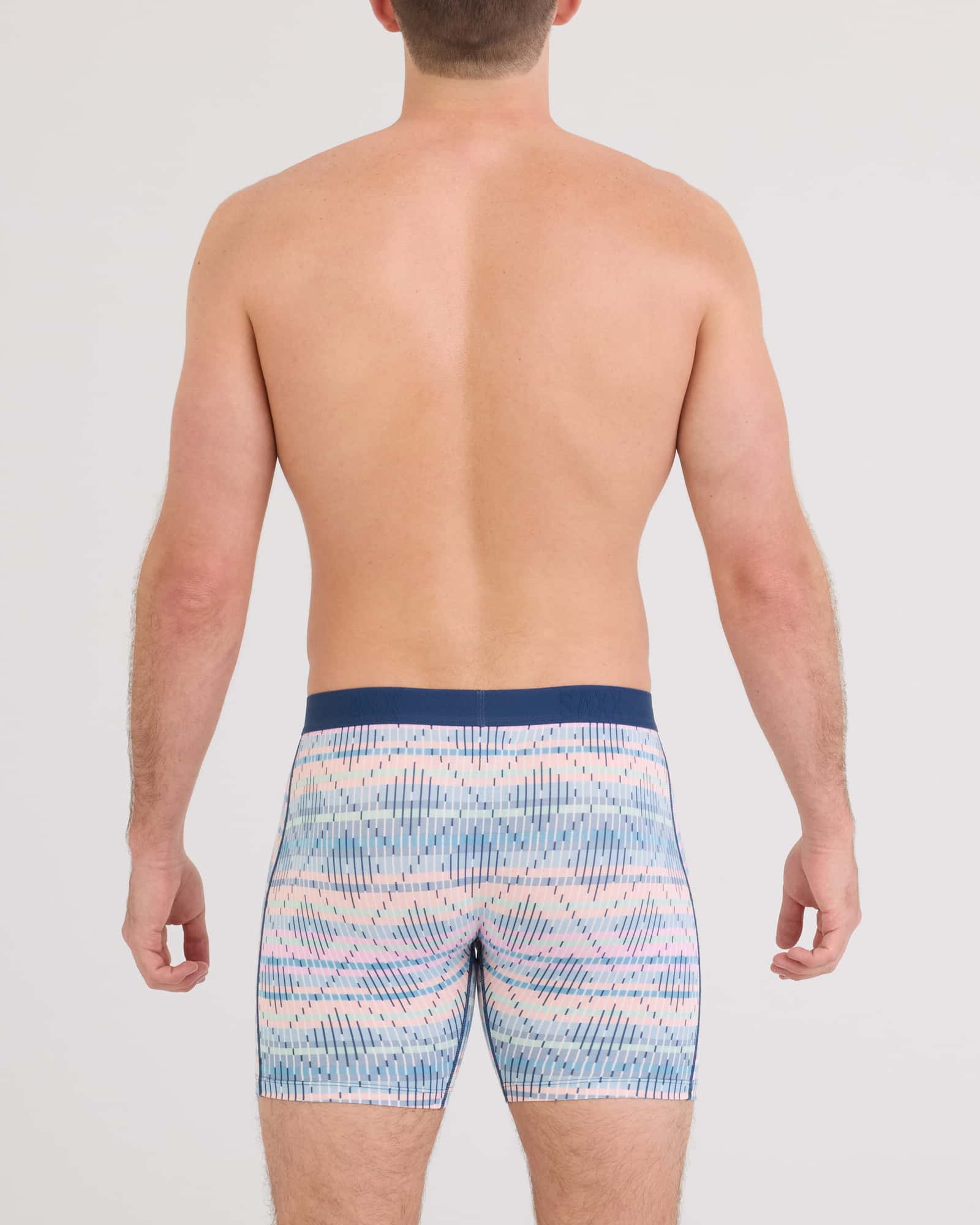 Back - Model wearing Vibe Xtra Soft Comfort Boxer Brief Fly in Summer Weave-Multi