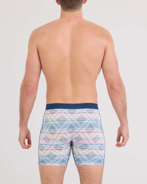 Back - Model wearing Vibe Xtra Soft Comfort Boxer Brief Fly in Summer Weave-Multi
