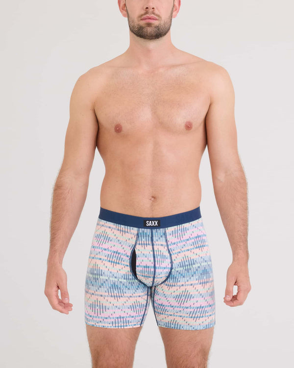 Front - Model wearing Vibe Xtra Soft Comfort Boxer Brief Fly in Summer Weave-Multi