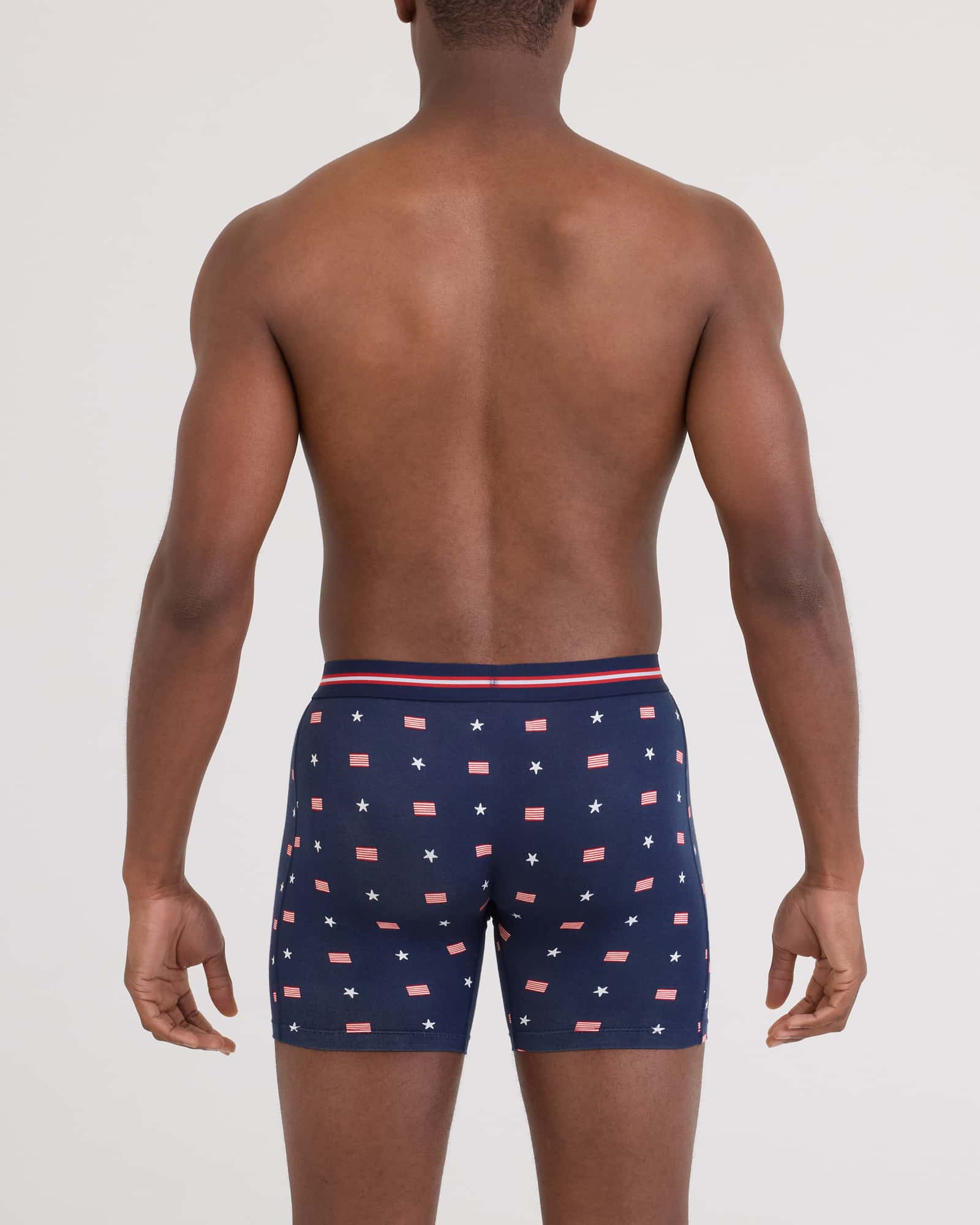 Back - Model wearing Vibe Xtra Soft Comfort Boxer Brief Fly in Usa Signet-Maritime