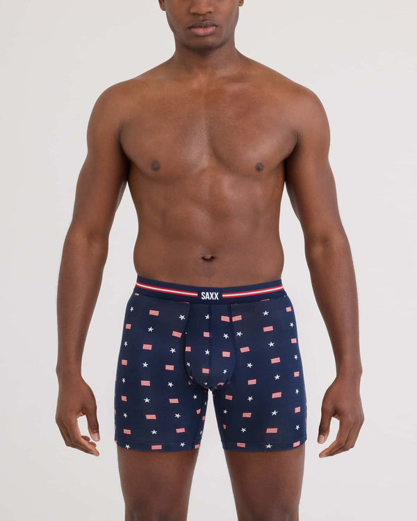 Front - Model wearing Vibe Xtra Soft Comfort Boxer Brief Fly in Usa Signet-Maritime