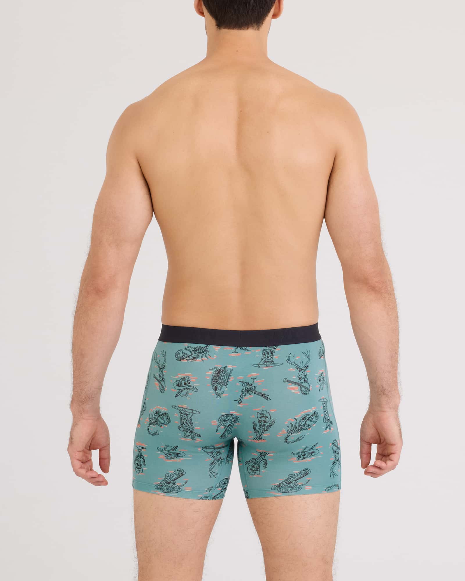Back - Model wearing Vibe Xtra Soft Comfort Boxer Brief Fly in Western Weird-Washed Teal