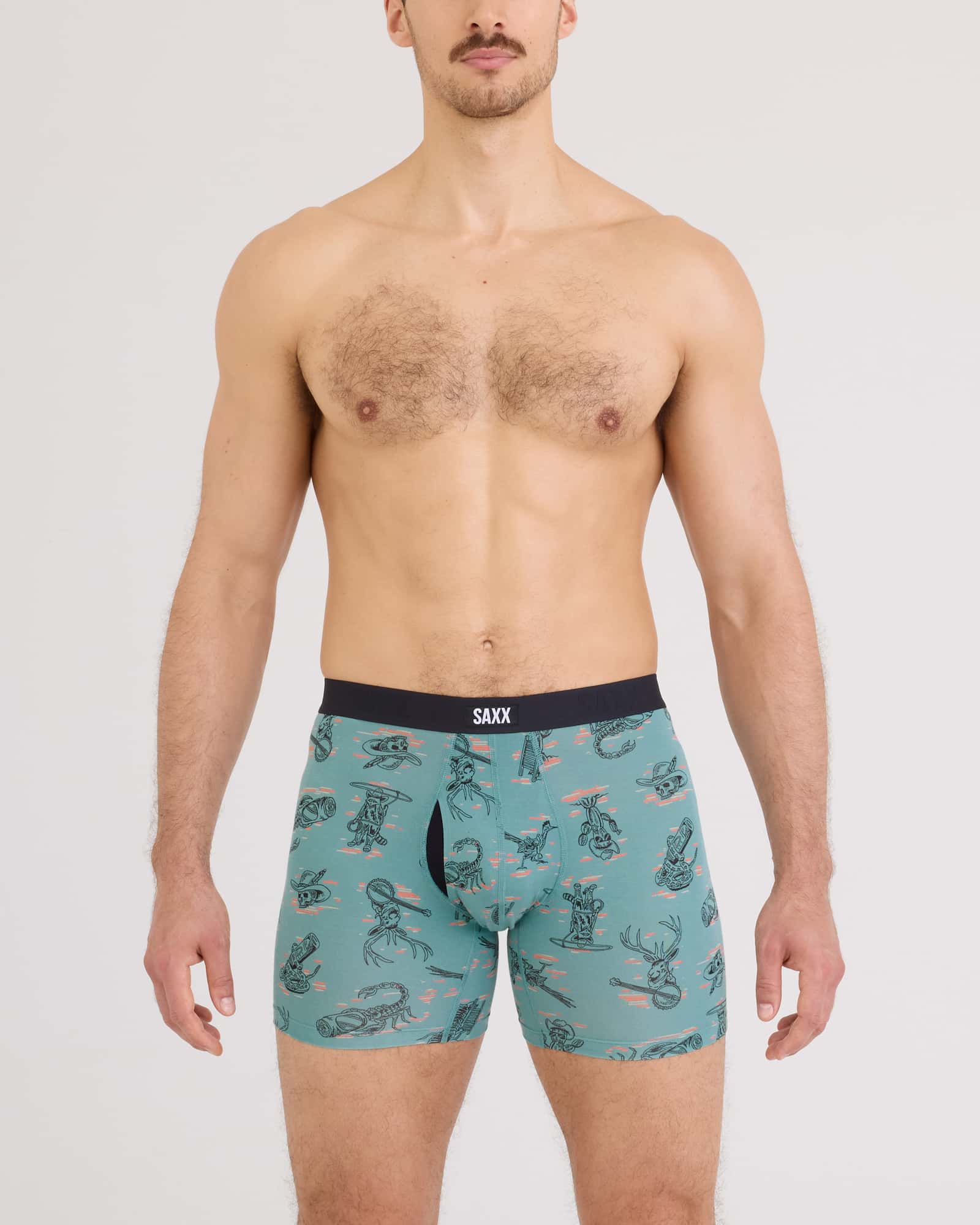 Front - Model wearing Vibe Xtra Soft Comfort Boxer Brief Fly in Western Weird-Washed Teal