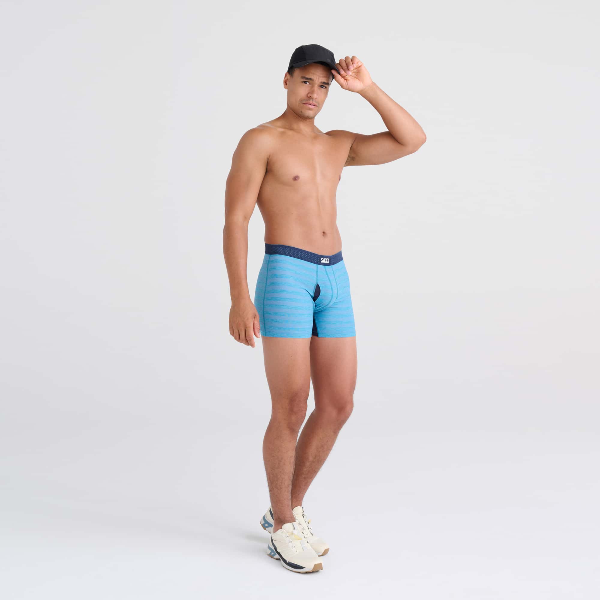 Front - Model wearing DropTemp Cooling Mesh Boxer Brief in Blue Moon Heather