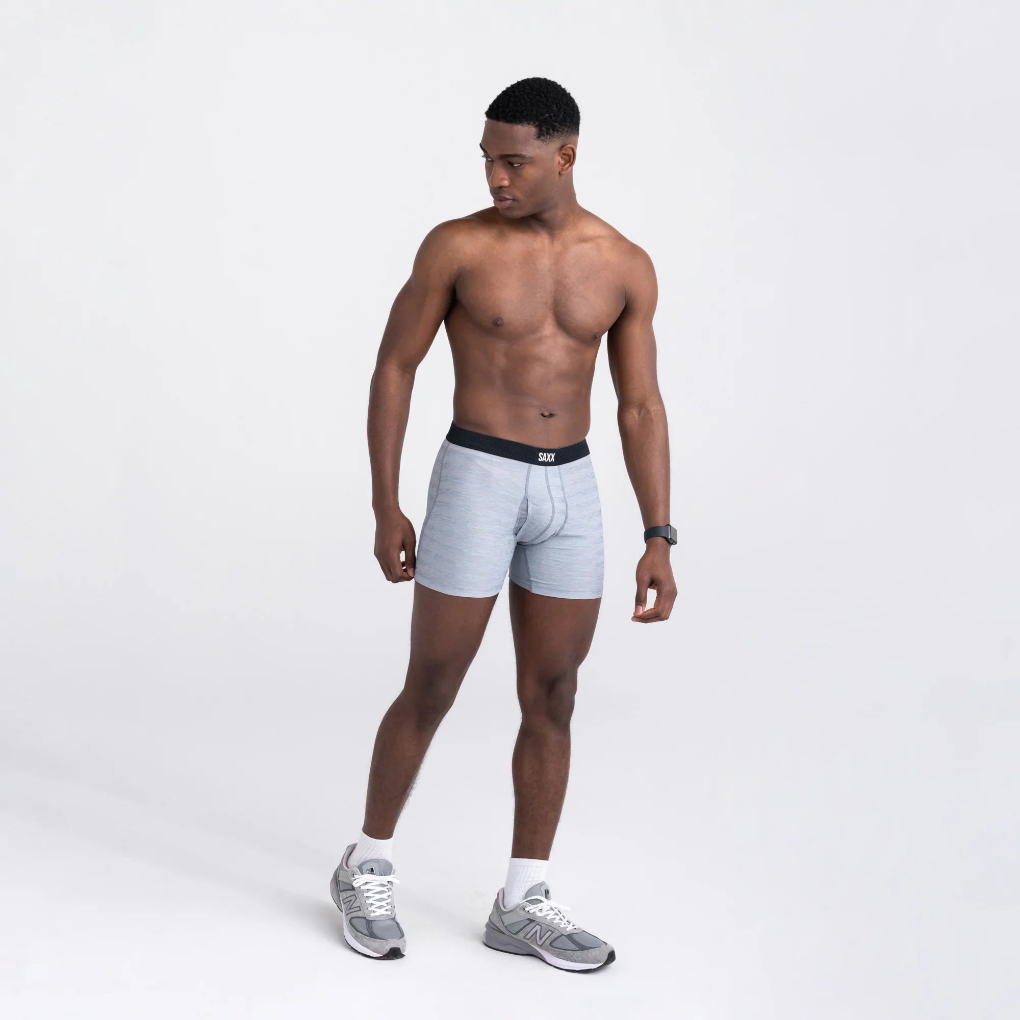 Front - Model wearing Droptemp Cooling Mesh Boxer Brief Fly in Mid Grey Heather