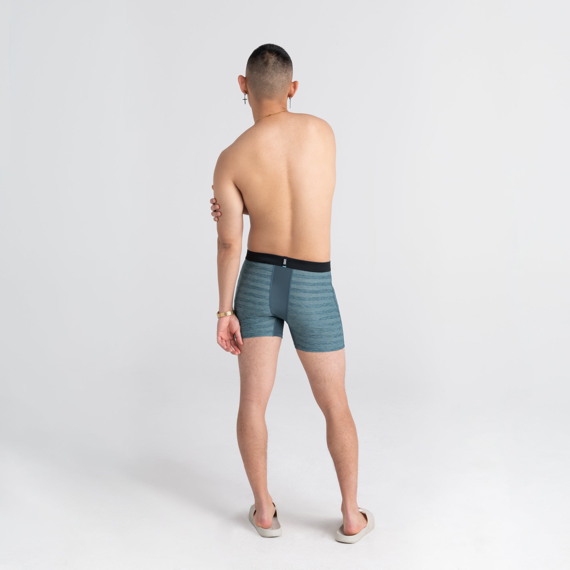 Back - Model wearing Hot Shot Boxer Brief Fly in Washed Teal Heather