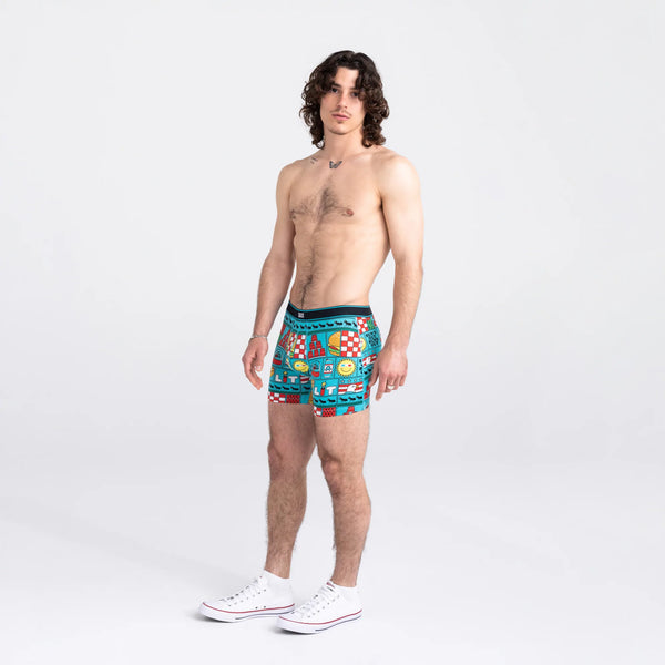 Front - Model wearing Daytripper Boxer Brief Fly in July Block Party- Blue