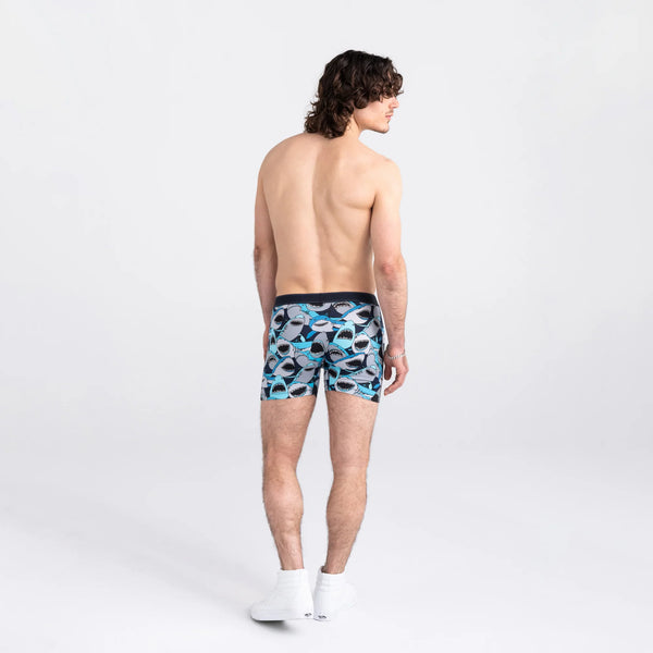 Back - Model wearing Daytripper Boxer Brief Fly in Shark Tank Camo- Navy