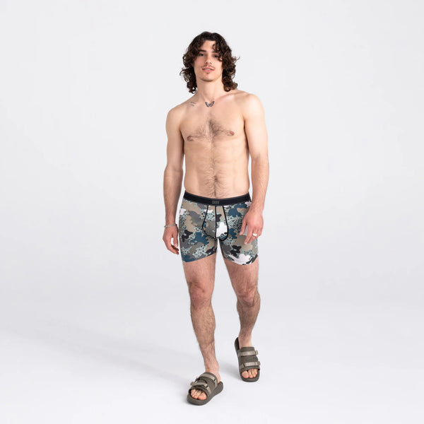 Front - Model wearing Daytripper Boxer Brief Fly in Terrazzo Camo- Multi