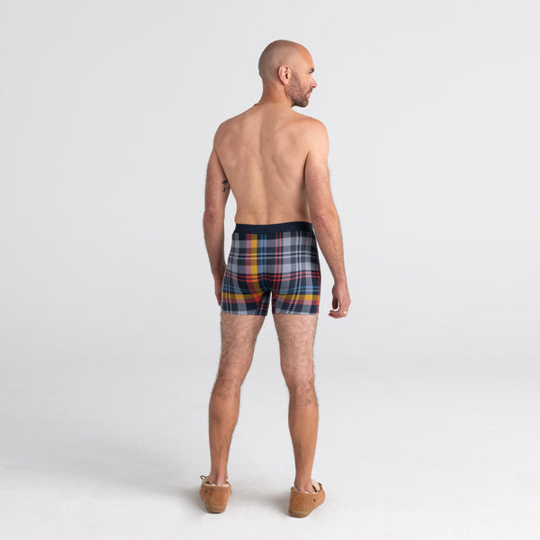 Back - Model wearing Ultra Boxer Brief Fly in Multi Free Fall Plaid