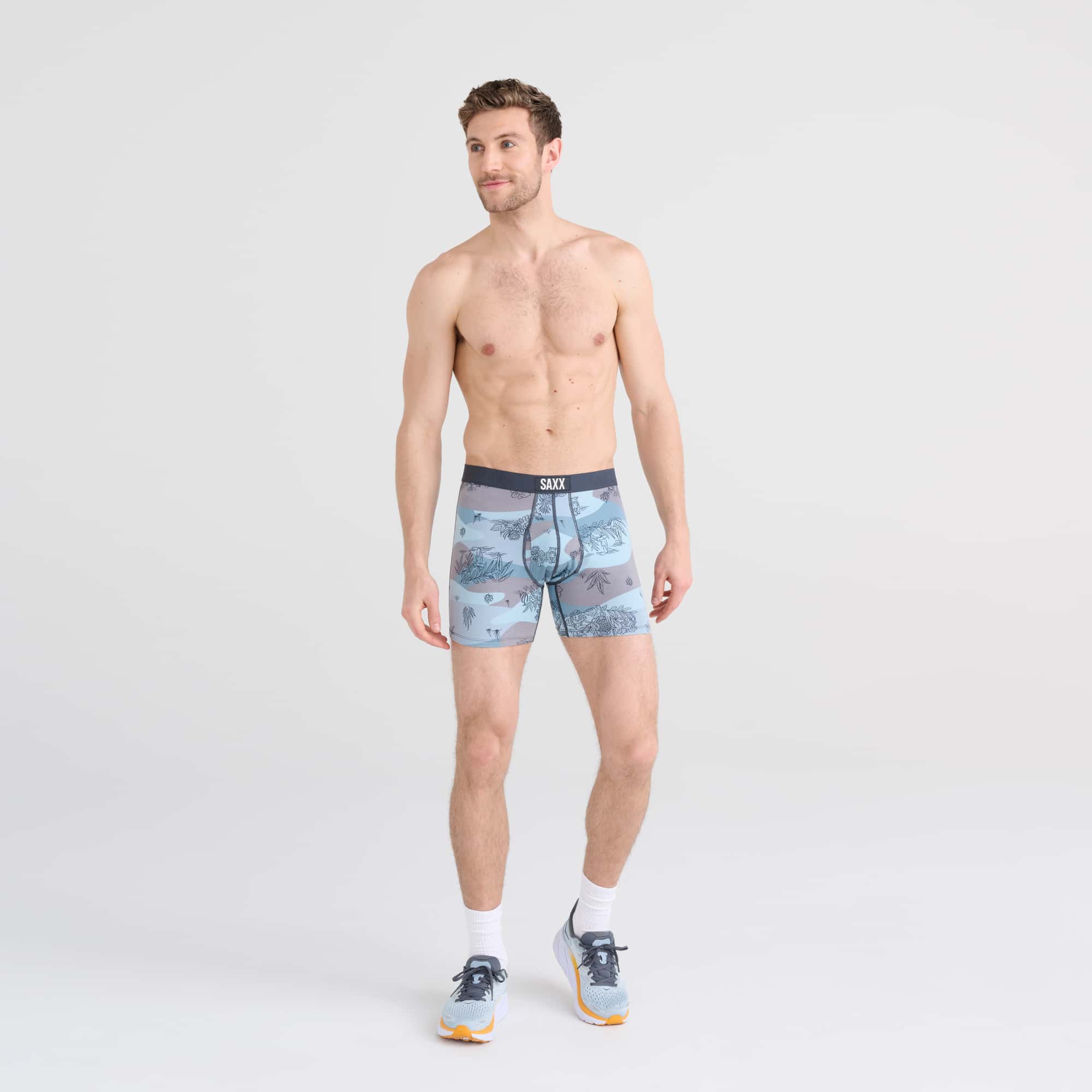 Front - Model wearing Ultra Boxer Brief in Jungle Toile- Dusty Blue