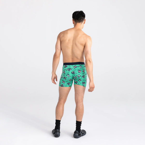 Back - Model wearing Ultra Super Soft Boxer Brief Fly in Off Course Carts- Green
