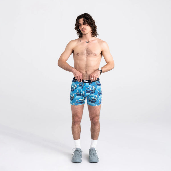 Front - Model wearing Ultra Super Soft Boxer Brief Fly in Pool Shark Pool- Blue