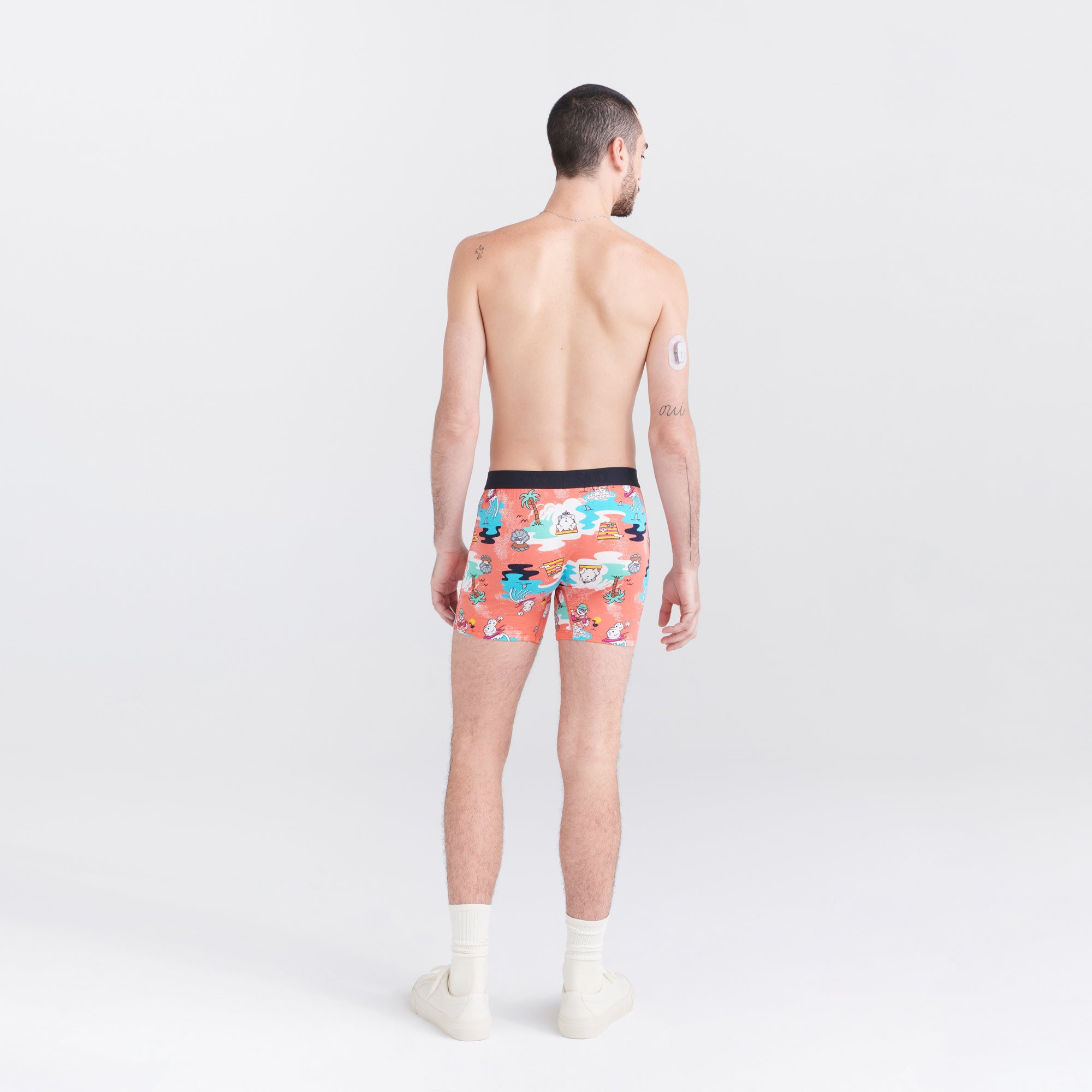 Back - Model wearing Ultra Super Soft Boxer Brief Fly in Snow Days- Hot Coral