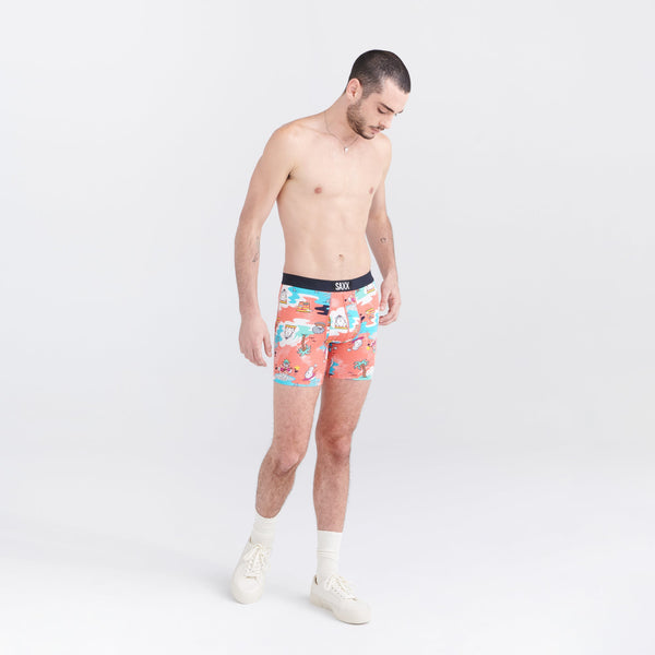 Front - Model wearing Ultra Super Soft Boxer Brief Fly in Snow Days- Hot Coral