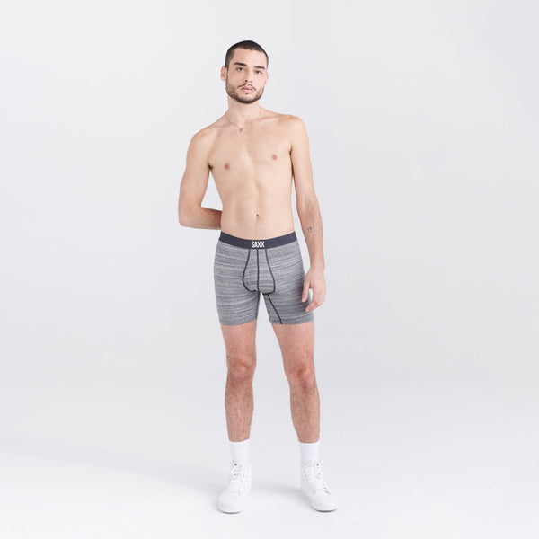 Front - Model wearing Ultra Super Soft Boxer Brief Fly in Spacedye Heather- Grey