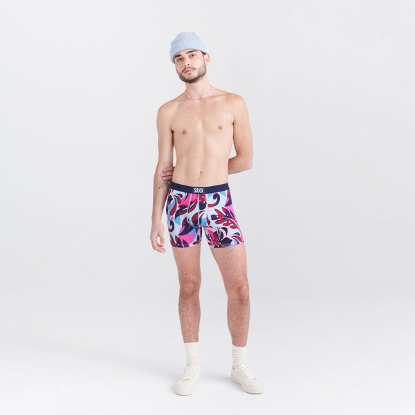 Front - Model wearing Ultra Super Soft Boxer Brief Fly in Tropical Lens- Multi