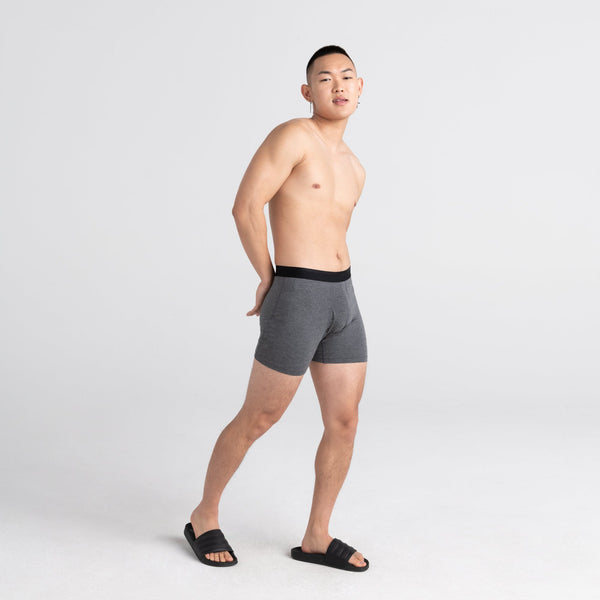 Front - Model wearing Platinum Boxer Brief Fly in Dk Charcoal Heather
