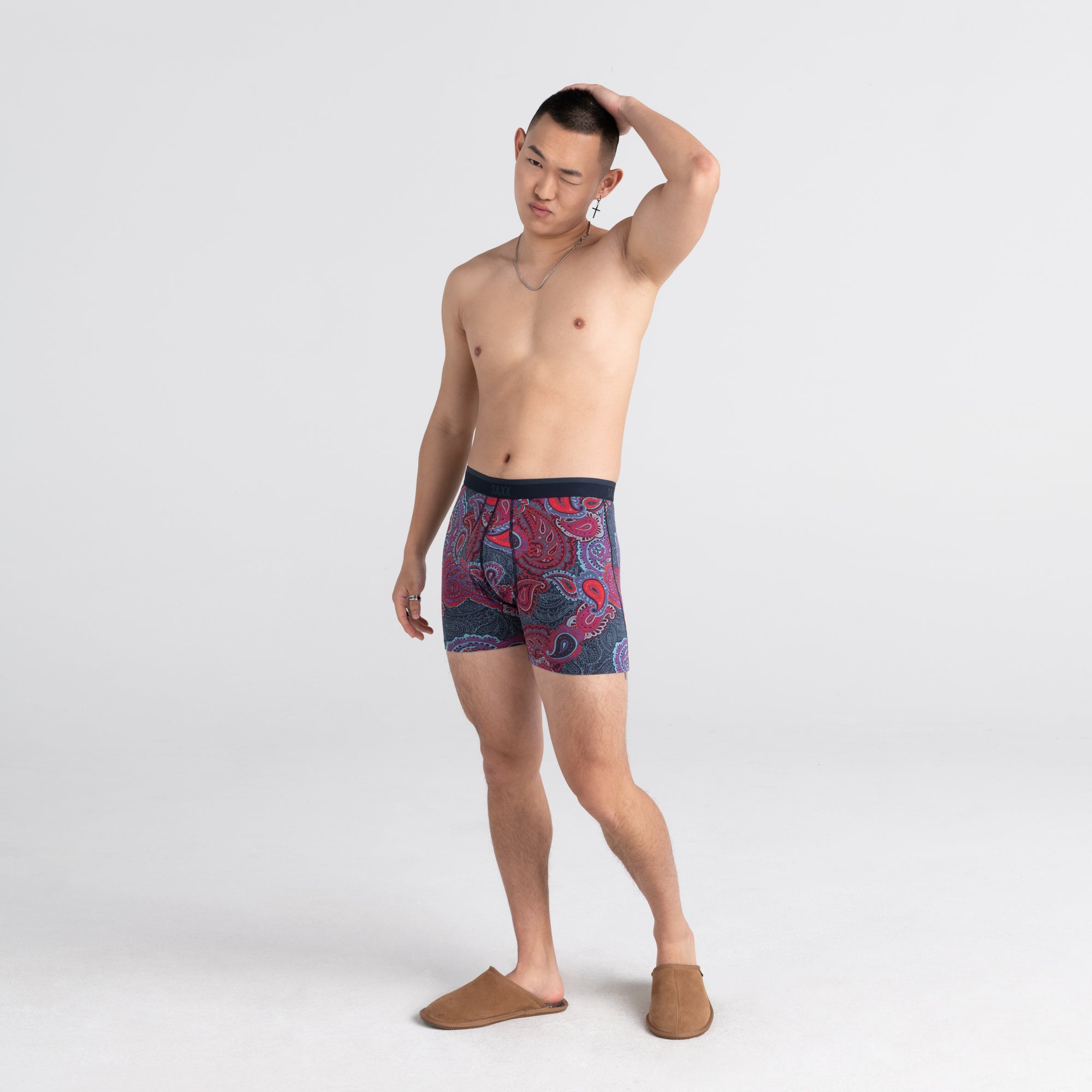 Front - Model wearing Platinum Boxer Brief Fly in Multi Power Paisley
