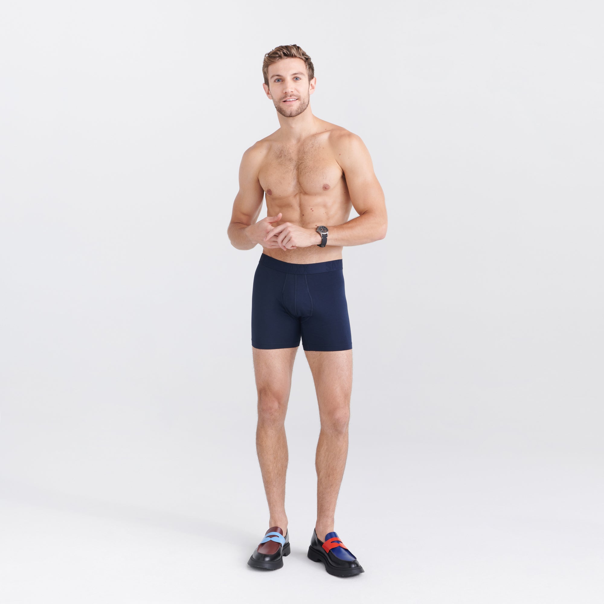 Front - Model wearing Droptemp Cooling Cotton Boxer Brief Fly in Dark Ink