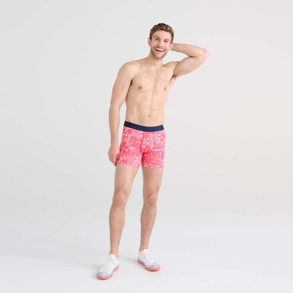 Front - Model wearing DropTemp Cooling Cotton Boxer Brief in East Coast- Hibiscus