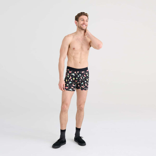 Front - Model wearing DropTemp Cooling Cotton Boxer Brief in Happy Hour- Black
