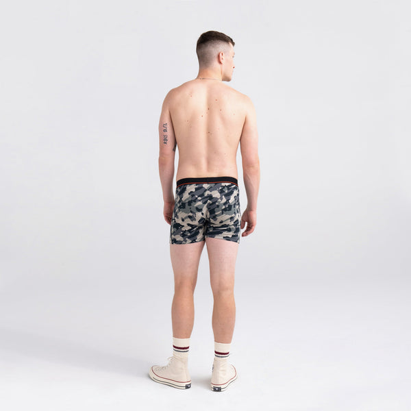 Back - Model wearing Non-Stop Stretch Cotton Boxer Brief in Pop Grunge Camo- Graphite