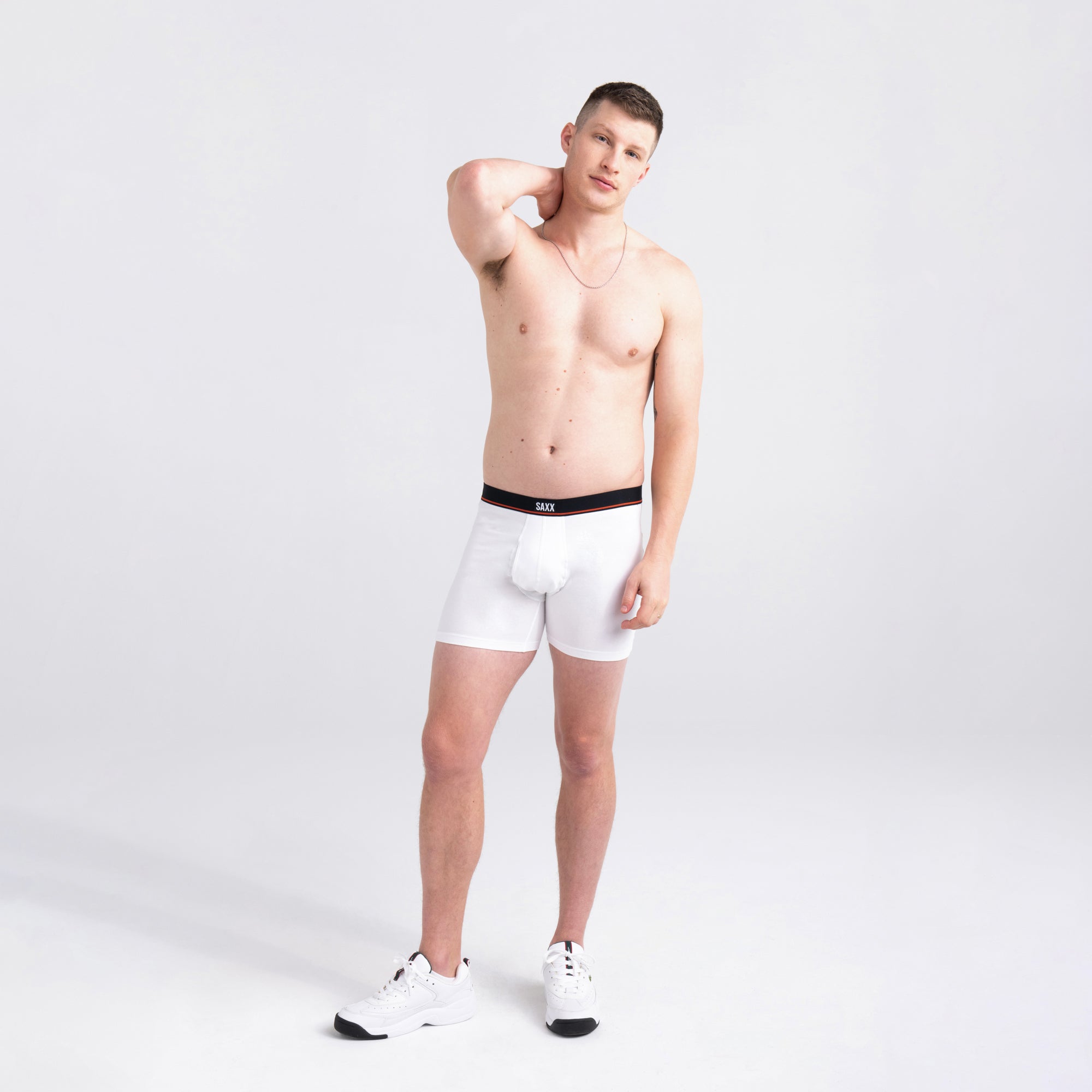 Front - Model wearing Non-Stop Stretch Cotton Boxer Brief 3-Pack in White