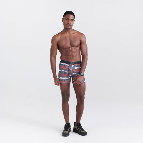 Front - Model wearing Quest Quick Dry Mesh Boxer Brief Fly in Asher Geo- Deep Navy