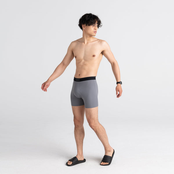 Front - Model wearing Quest Boxer Brief Fly 2 Pack in Black/Dk Charcoal II