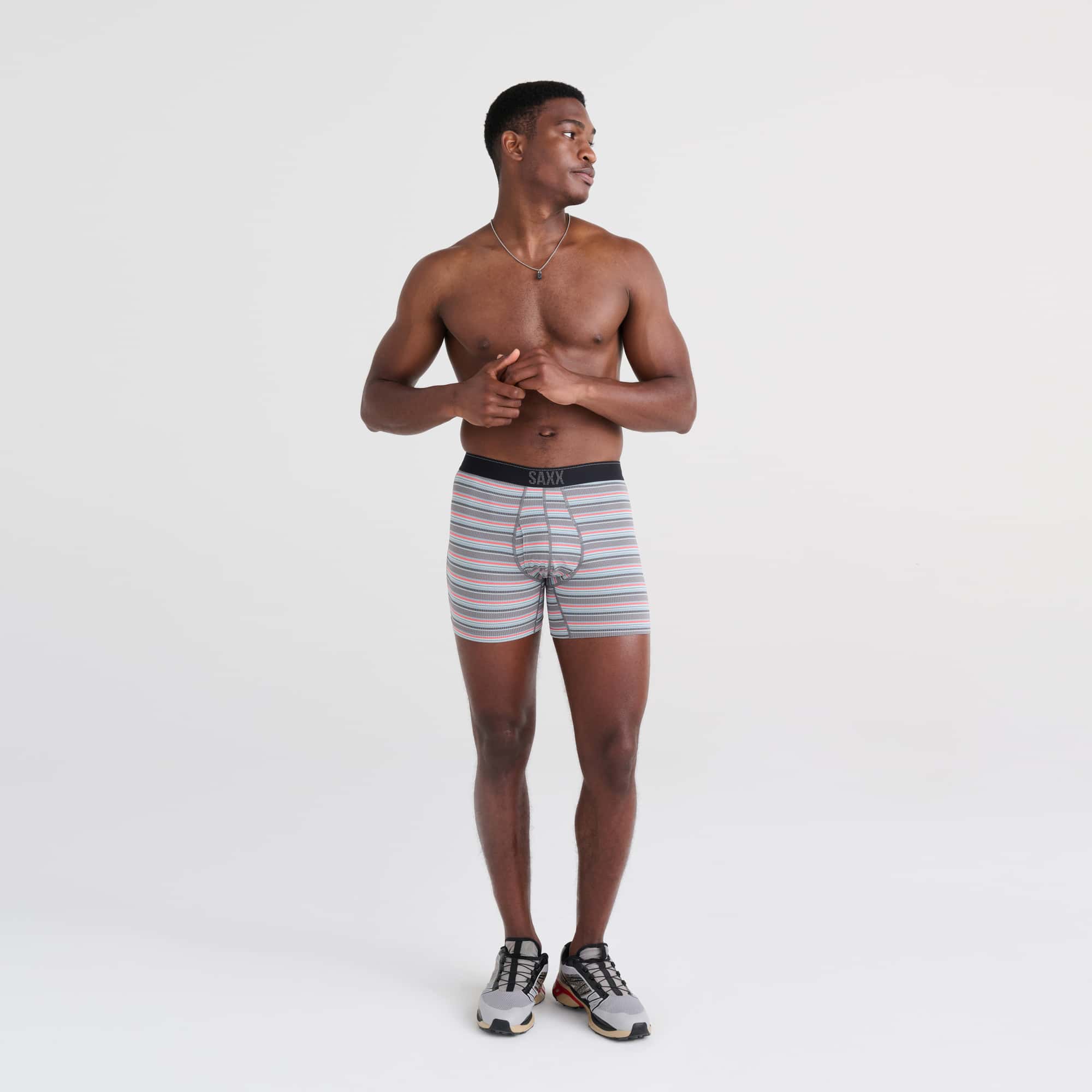 Front - Model wearing Quest Baselayer Boxer Brief in Field Stripe- Charcoal