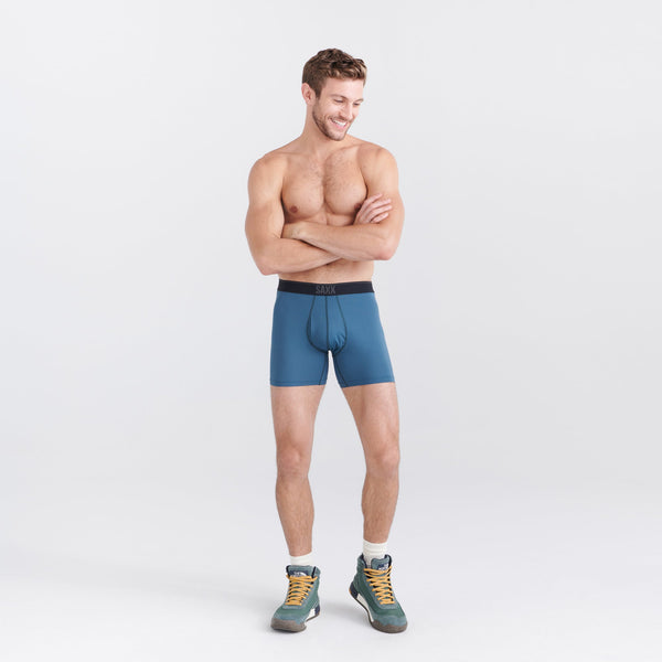 Front - Model wearing Quest Quick Dry Mesh Boxer Brief Fly in Storm Blue