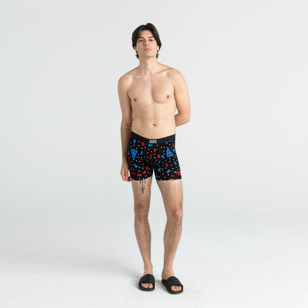 Front - Model wearing Vibe Boxer Brief in Black Beer Champs
