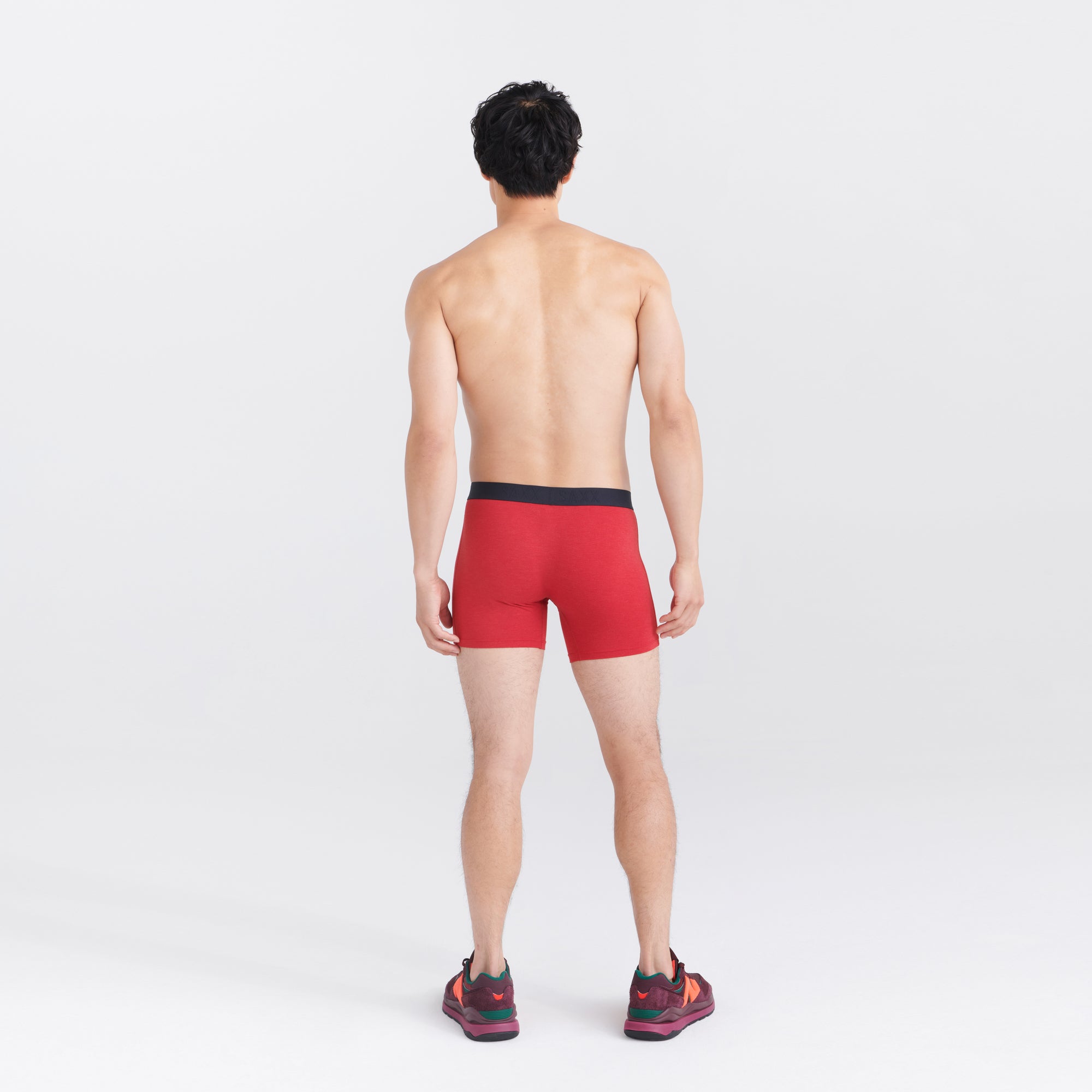 Back - Model wearing Vibe Super Soft Boxer Brief in Cherry Heather