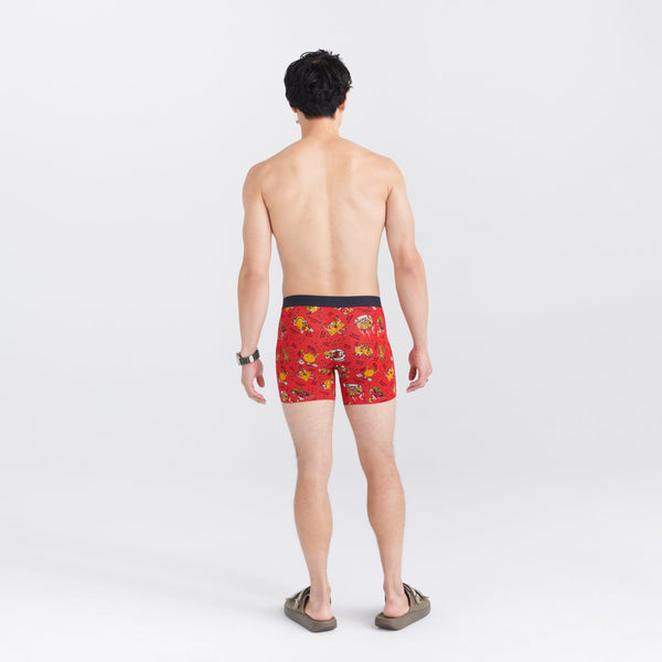 Back - Model wearing Vibe Super Soft Boxer Brief in Dumps And Noods- Red